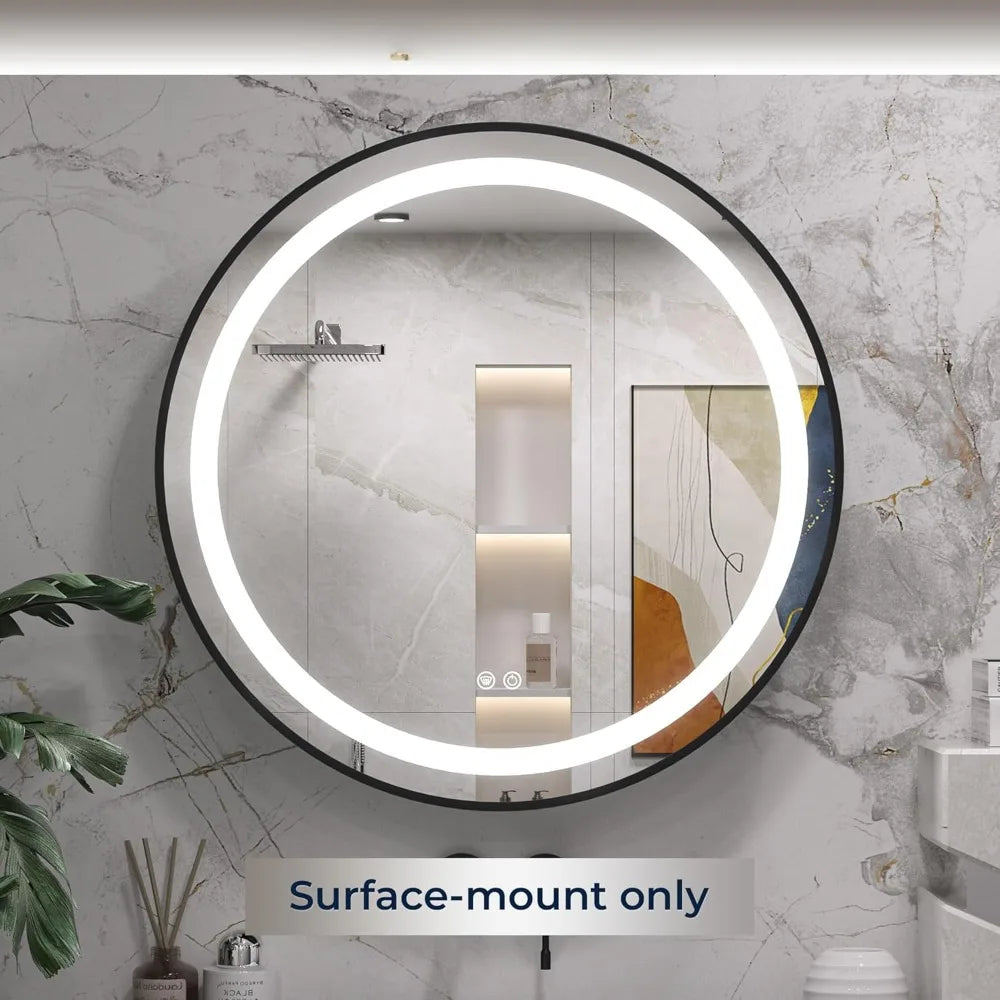 28 In Black Round LED Medicine Cabinet Mirror Bathroom with Electrical Outlet Surface Mount Only Anti-Fog 3 Color Lights Circle