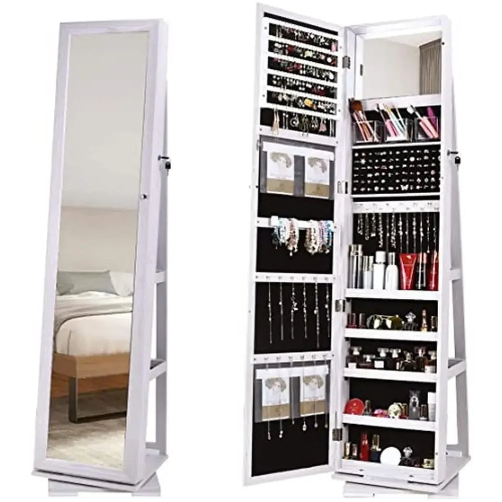 Wooden Jewelry Armoire Cabinet with Lockable Full-Length Mirror Storage Organizer