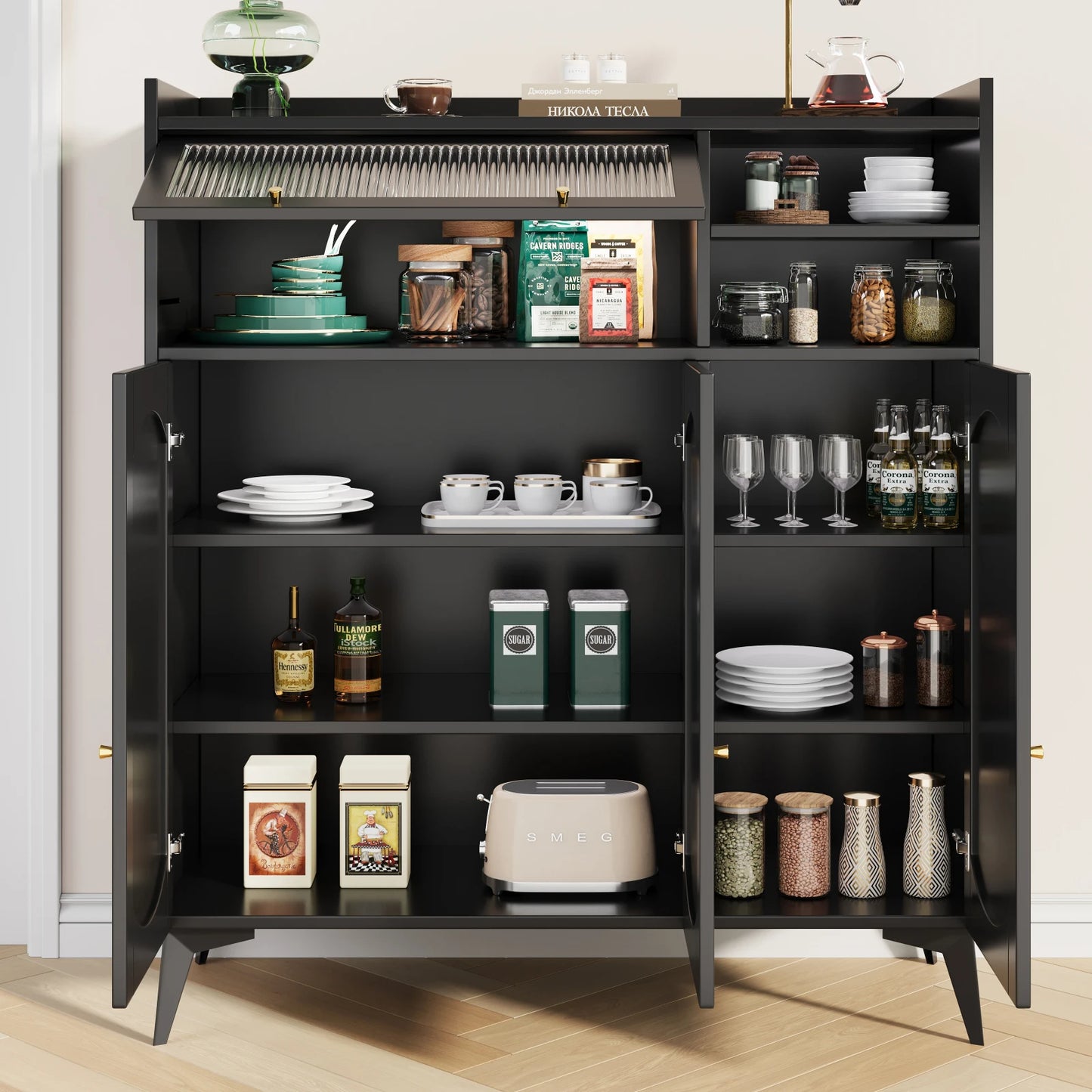 Modern Sleek Black Sideboard, Large Storage Space, With Glass Door Golden Handle, Storage Cabinet, Multifunctional Furniture