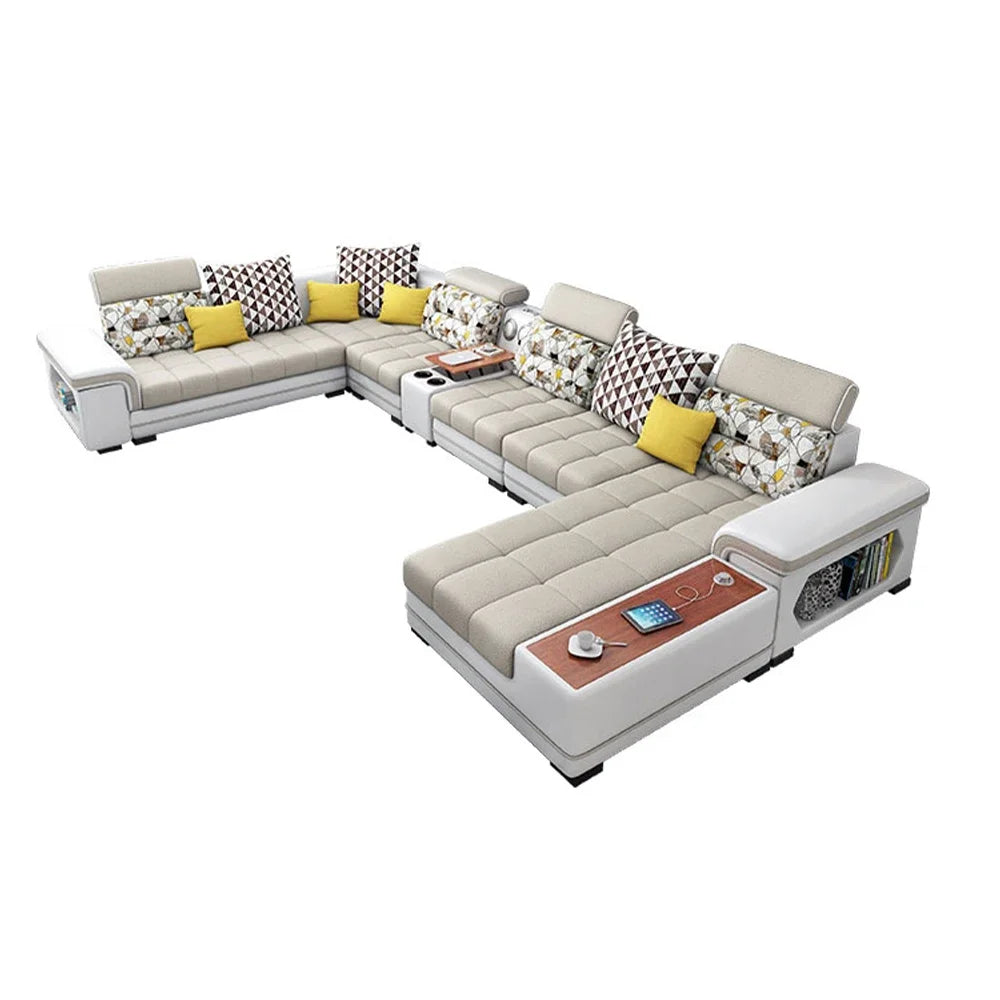 Big U-Shape Coth Living Room Sofa Sets with USB, Speaker, Stools, Bluetooth - MANBAS Fabric Sectional Sofas for Home Furniture