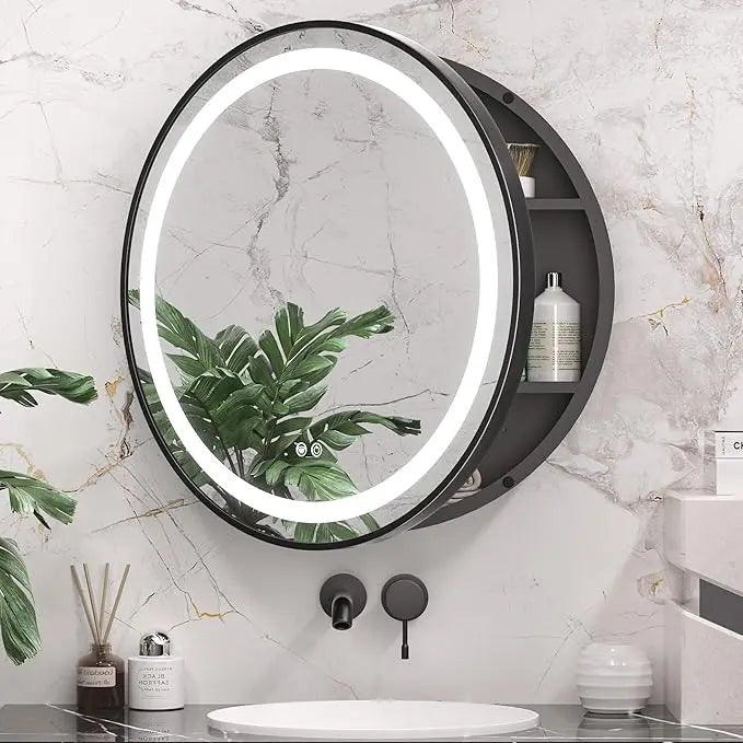 28 In Black Round LED Medicine Cabinet Mirror Bathroom with Electrical Outlet Surface Mount Only Anti-Fog 3 Color Lights Circle