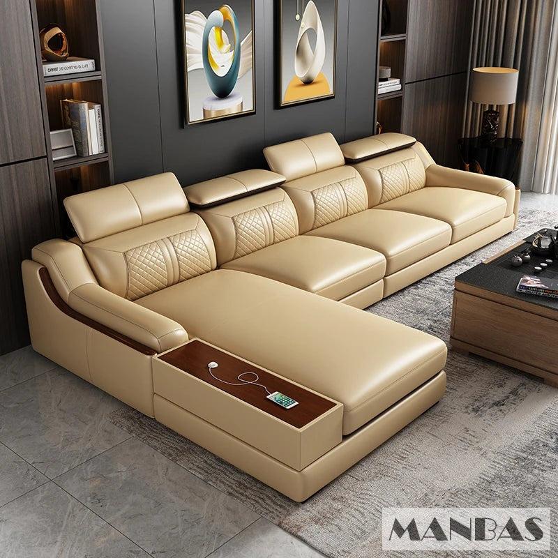 Stylish Italian Genuine Leather Sofa for Living Room with Cup Holder, USB, Adjustable Headrests & Bluetooth Speaker - MINGDIBAO