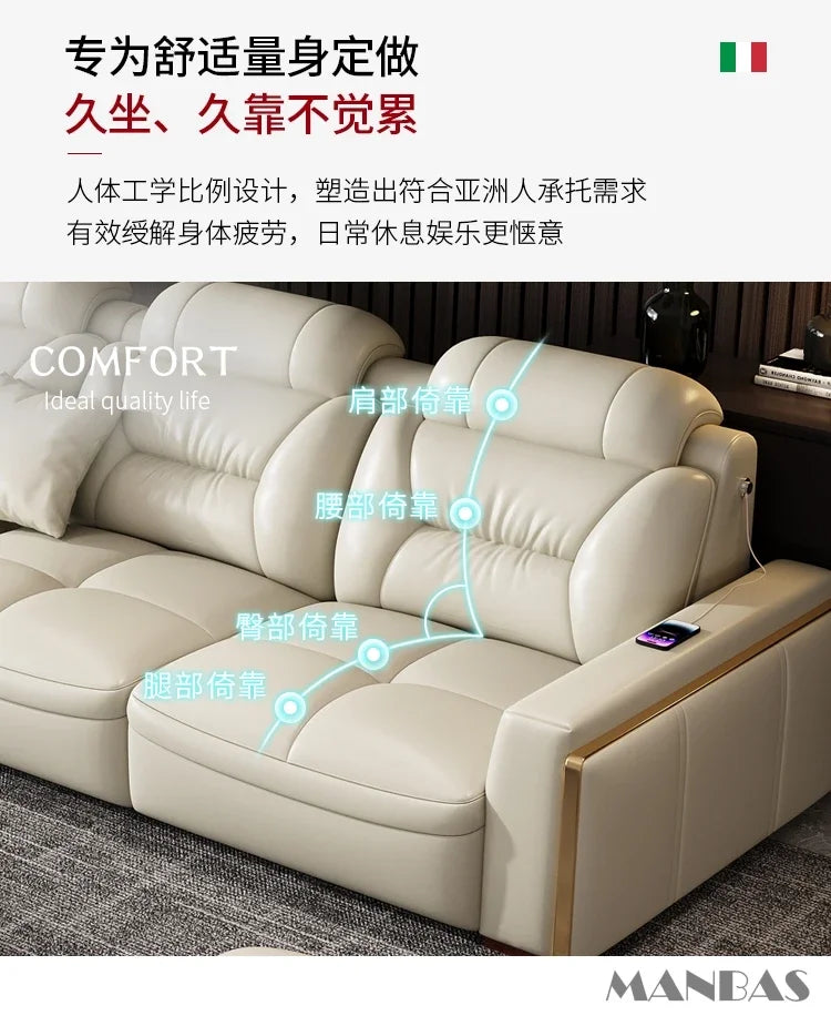 Premium Italian Genuine Leather Sectional Sofa Sets Couch Sofas with USB and Bluetooth Speaker - Linlamlim Living Room Furniture