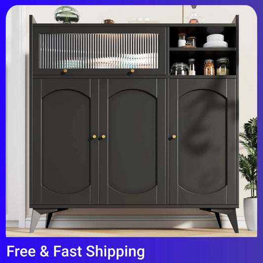 Modern Sleek Black Sideboard, Large Storage Space, With Glass Door Golden Handle, Storage Cabinet, Multifunctional Furniture