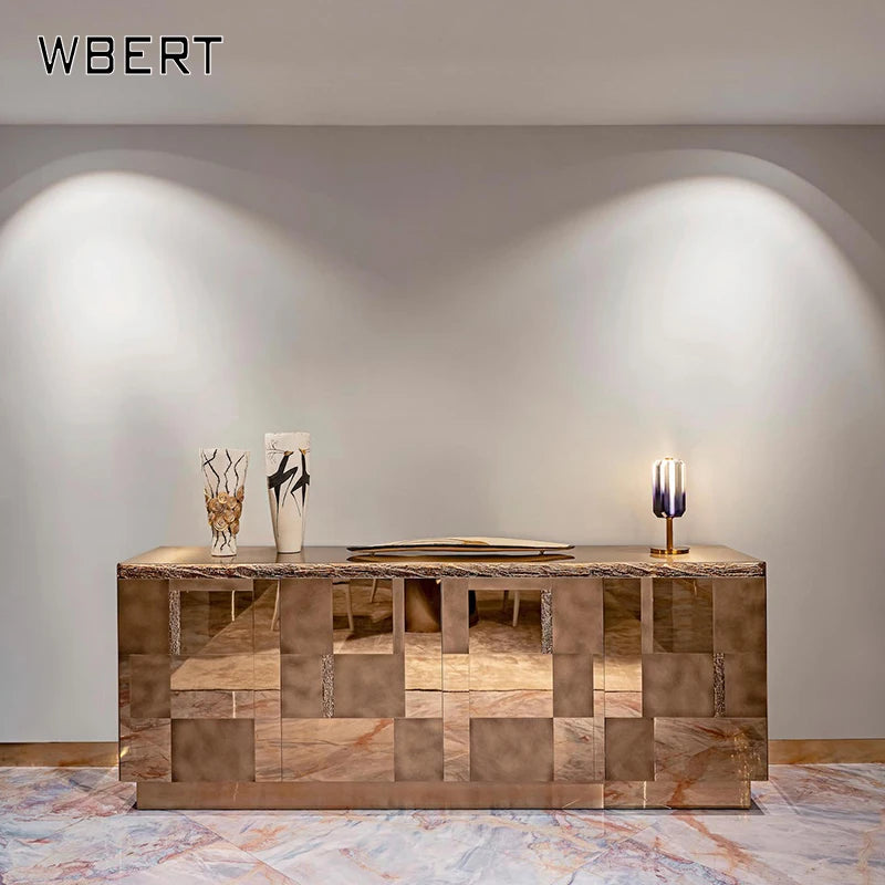 WBERT Stainless Steel Furniture Light Luxury Postmodern Rectangular Natural Marble Countertop Meeting Table Metal Side TV Stands