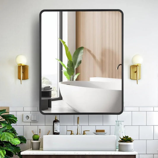 24 Inch x 30 Inch Metal Framed Bathroom Mirror Medicine Cabinet Rectangle Beveled Vanity Mirrors Recess or Surface Installation