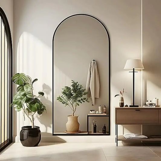 71"x31" Modern Arched-Top Floor Mirror with Standing Holder Bedroom Dressing Wall Mirror Explosion-Proof Glass Full Length