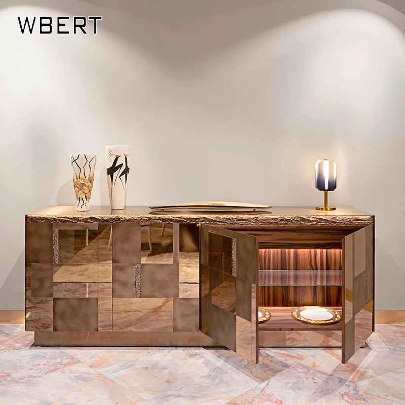 WBERT Stainless Steel Furniture Light Luxury Postmodern Rectangular Natural Marble Countertop Meeting Table Metal Side TV Stands