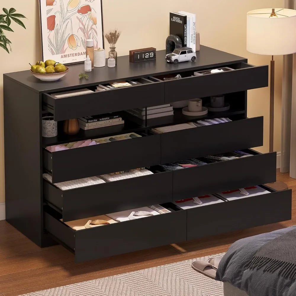 Bedroom Drawers with RGB Light, No-Handle Double, Wide Wooden with 8 Drawers & 2 Open Space, Bedroom Storage Cabinet