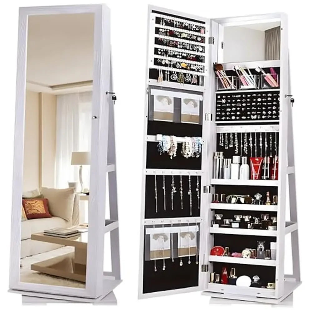 Wooden Jewelry Armoire Cabinet with Lockable Full-Length Mirror Storage Organizer