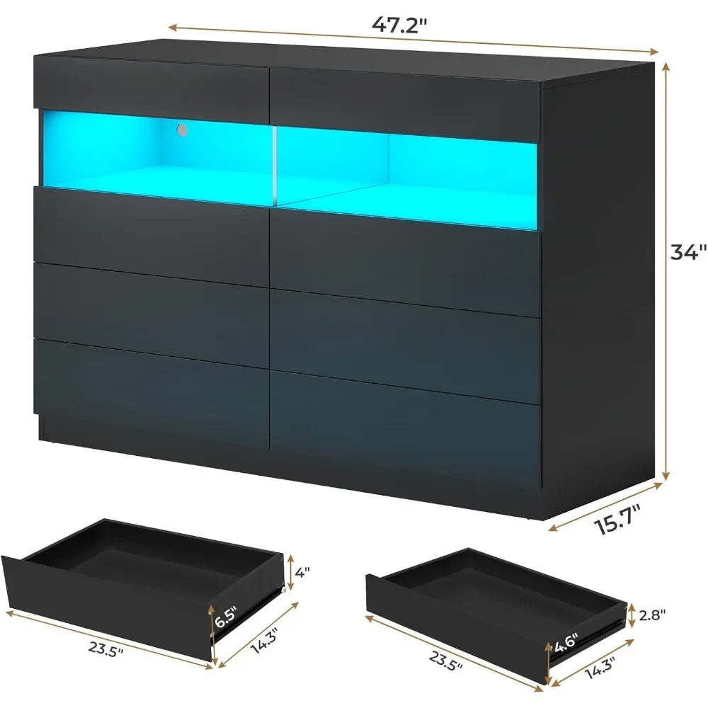 Bedroom Drawers with RGB Light, No-Handle Double, Wide Wooden with 8 Drawers & 2 Open Space, Bedroom Storage Cabinet