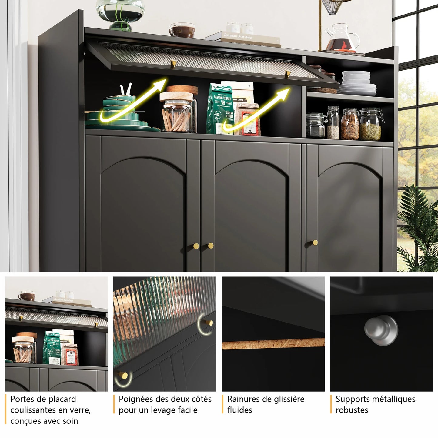 Modern Sleek Black Sideboard, Large Storage Space, With Glass Door Golden Handle, Storage Cabinet, Multifunctional Furniture