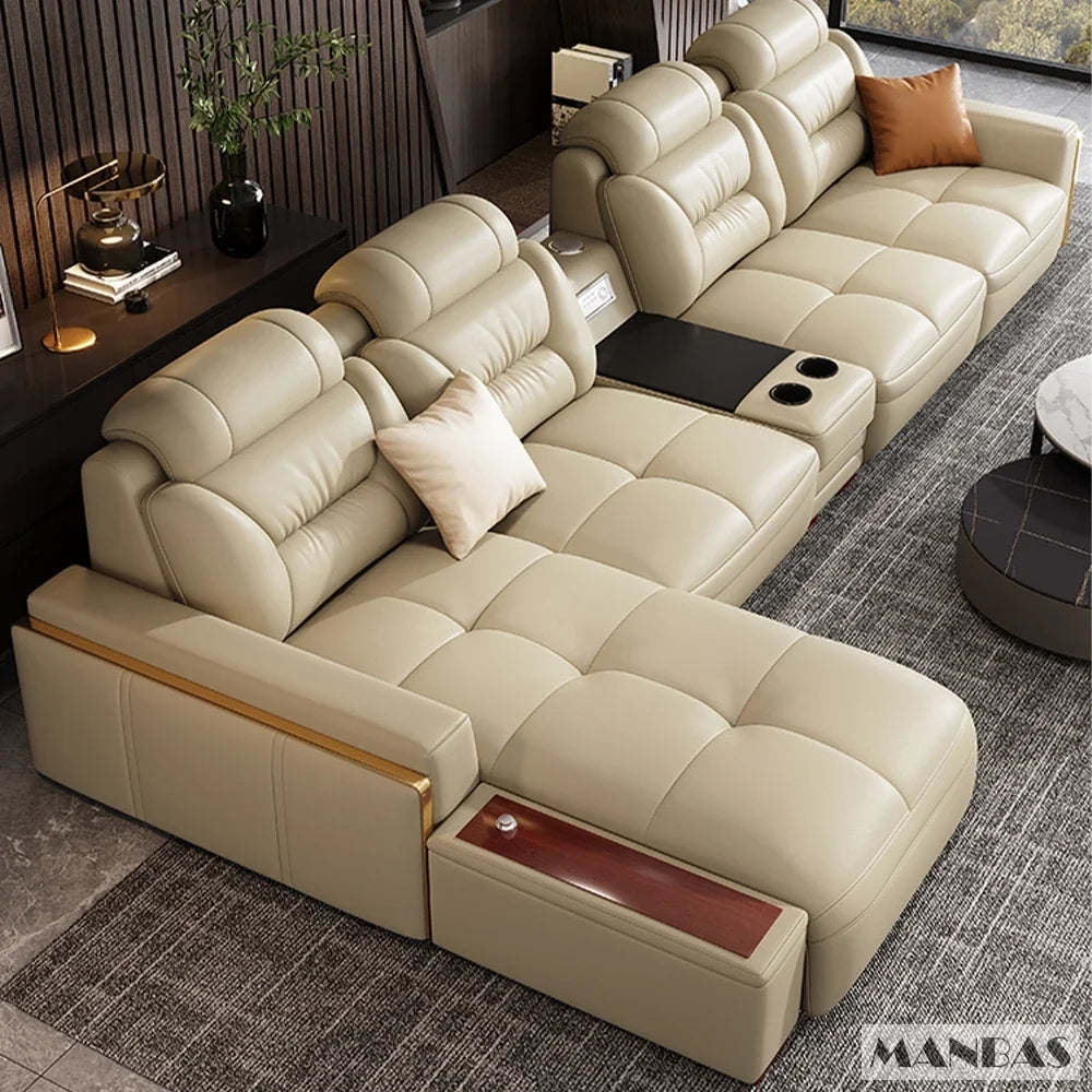 Premium Italian Genuine Leather Sectional Sofa Sets Couch Sofas with USB and Bluetooth Speaker - Linlamlim Living Room Furniture