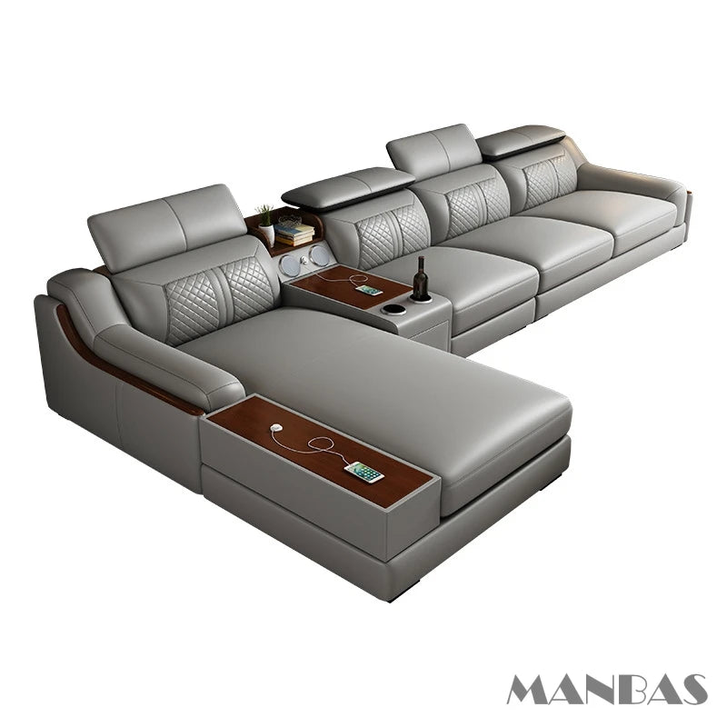 Stylish Italian Genuine Leather Sofa for Living Room with Cup Holder, USB, Adjustable Headrests & Bluetooth Speaker - MINGDIBAO