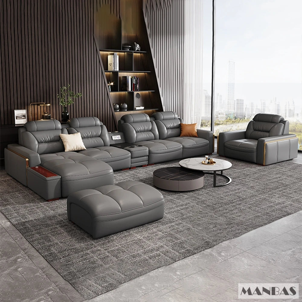 Premium Italian Genuine Leather Sectional Sofa Sets Couch Sofas with USB and Bluetooth Speaker - Linlamlim Living Room Furniture