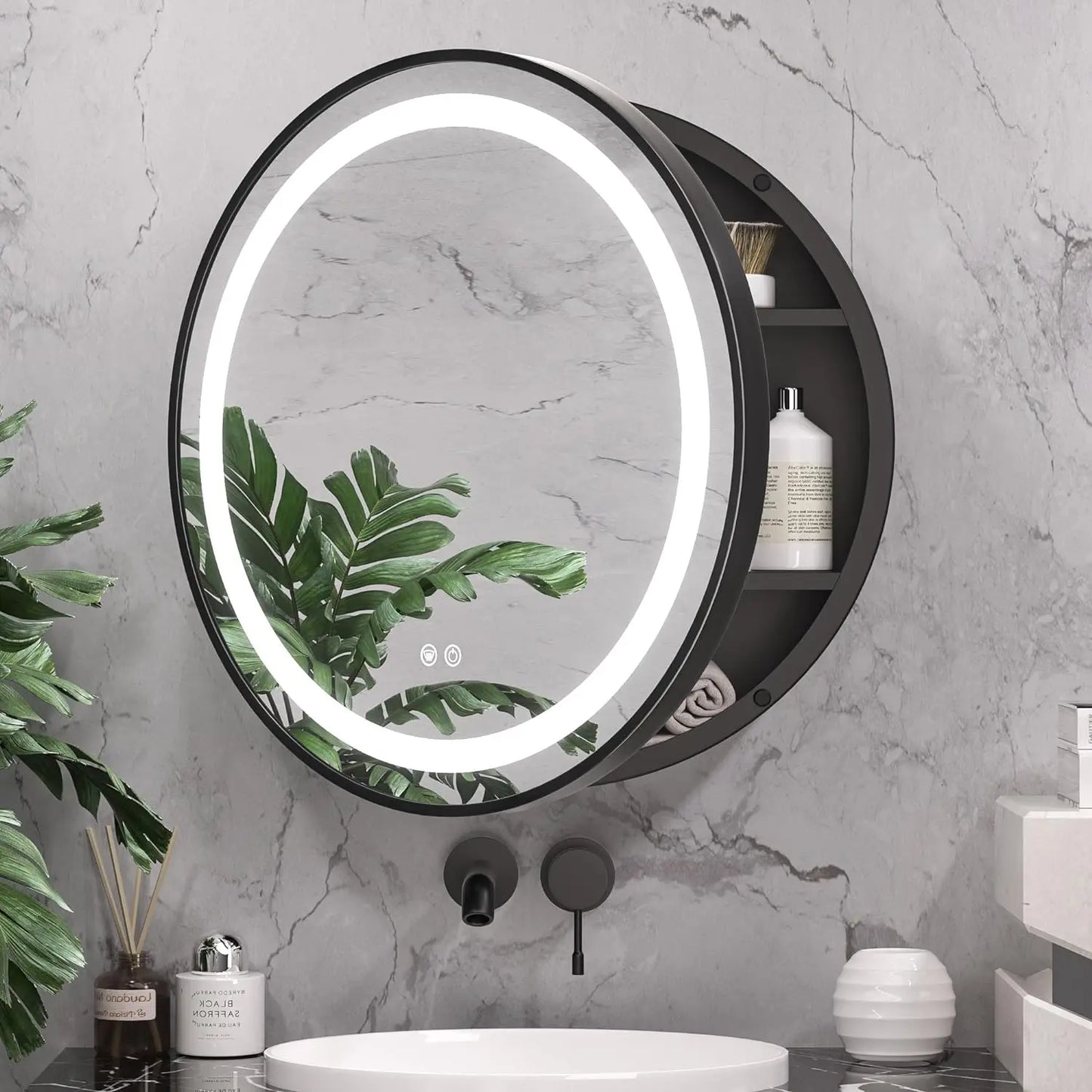 28 In Black Round LED Medicine Cabinet Mirror Bathroom with Electrical Outlet Surface Mount Only Anti-Fog 3 Color Lights Circle