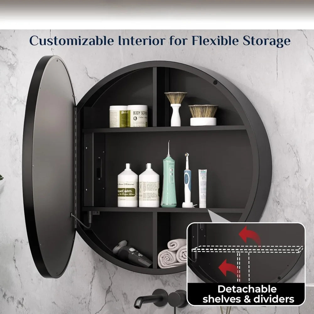 28 In Black Round LED Medicine Cabinet Mirror Bathroom with Electrical Outlet Surface Mount Only Anti-Fog 3 Color Lights Circle