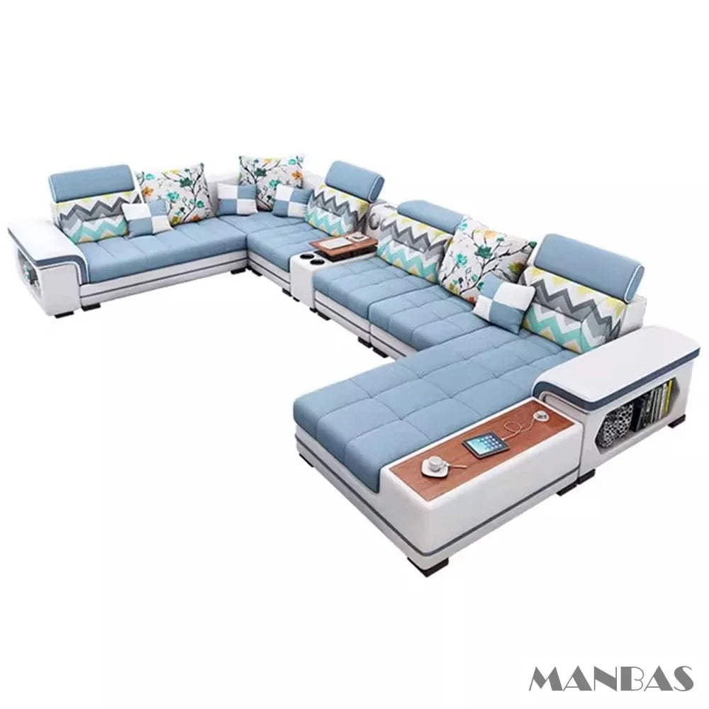 Big U-Shape Coth Living Room Sofa Sets with USB, Speaker, Stools, Bluetooth - MANBAS Fabric Sectional Sofas for Home Furniture