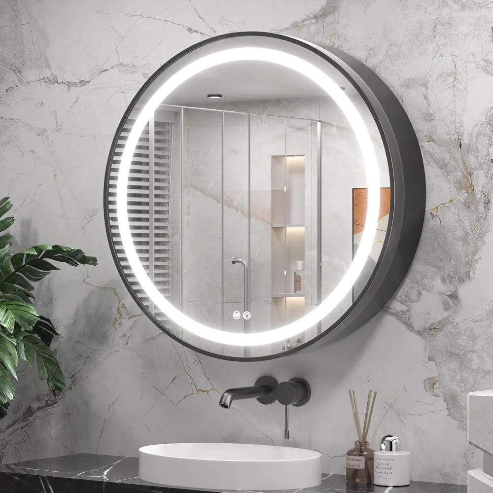 28 In Black Round LED Medicine Cabinet Mirror Bathroom with Electrical Outlet Surface Mount Only Anti-Fog 3 Color Lights Circle